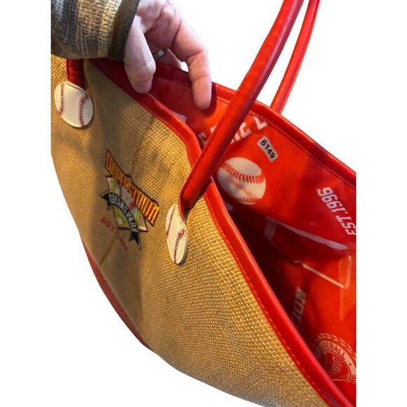 Cooperstown Dreams Park Baseball Themed Tote Bag With Red & Beige Straw Design - Picture 6 of 9